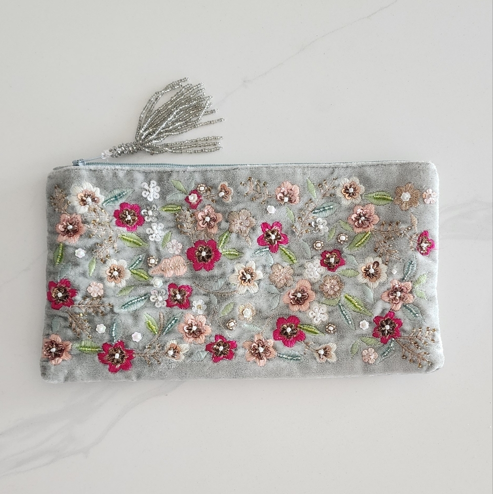 Floral Embroidered Clutch in Gray and Pink